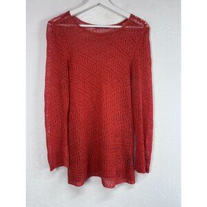 Nic + Zoe Womens Red Knit Sheer Long Sleeve Pullover Top Medium Linen Blend